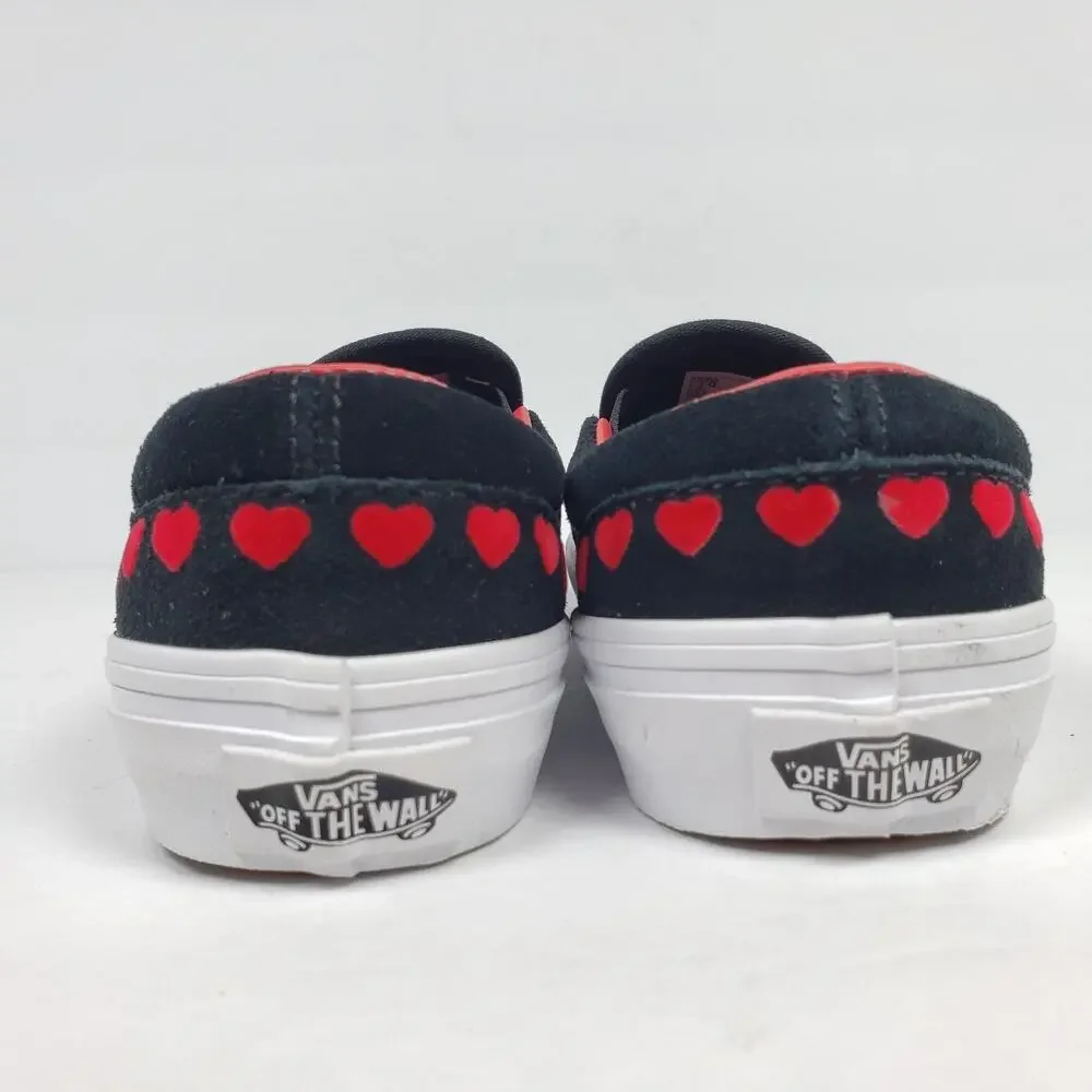 Vans Classic Slip On Girls Size 1Y Hearts Black Red Suede Slip On Loafer Shoes
